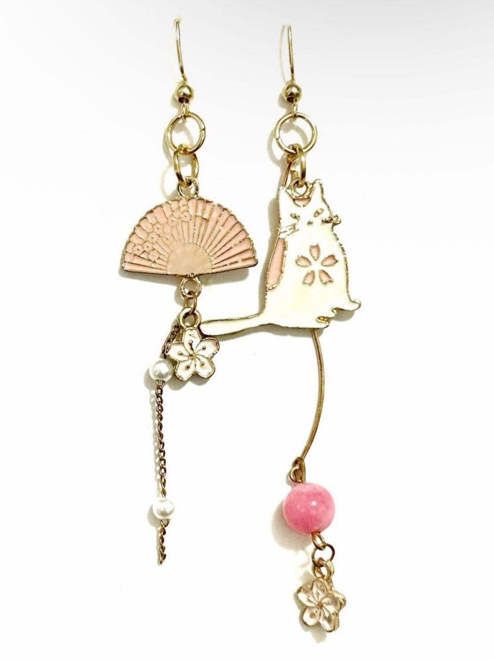 Gold Tone Asymmetrical Pink Cat & Fan Drop Earrings